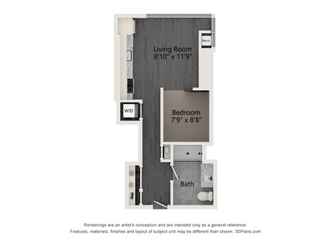Floor plan for studio, 1 bath, 527 sqft